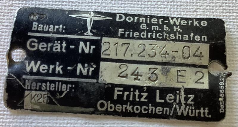 WWII DORNIER Do 217 AIRCRAFT DATA PLATE